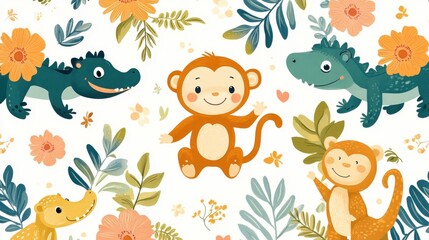 Naklejka premium Playful jungle animals like monkeys, sloths, and crocodiles in a vibrant floral setting. Fun and cheerful vector illustration