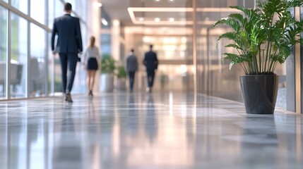 Fototapeta premium Blurred View of Businesspeople Walking in Bright Office Lobby With Glass Walls and Green Plants