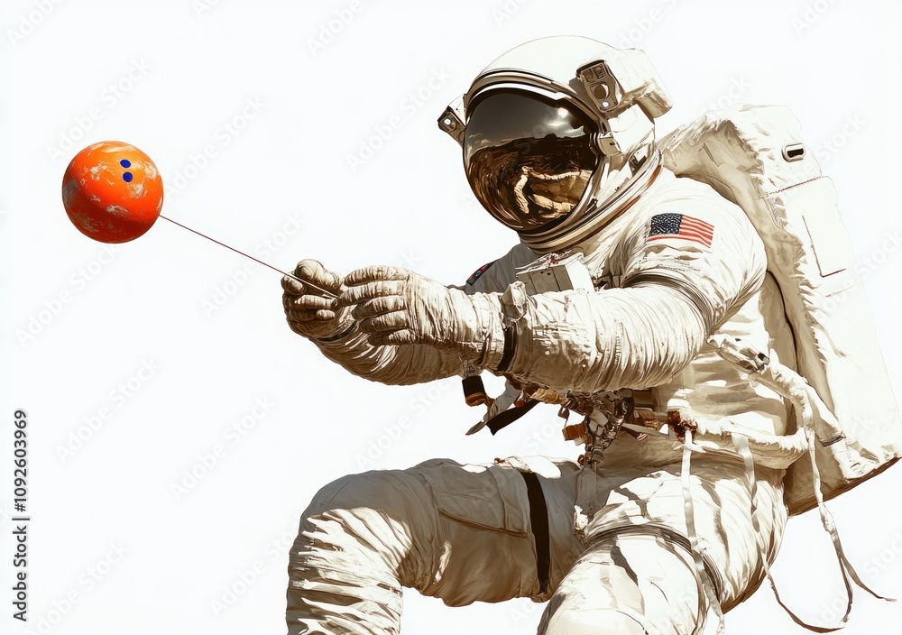 Aufkleber An astronaut in space playfully holds a bowling ball on a string.