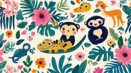 Playful jungle animals like monkeys, sloths, and crocodiles in a vibrant floral setting. Fun and cheerful vector illustration