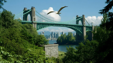 A seagull flies over a green suspension bridge, with a cityscape in the background under a bright blue sky, framed by lush green trees.