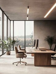 Modern Office Workspace With Wooden Desk And Large Windows