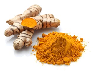 Turmeric Root and Powder on White Background