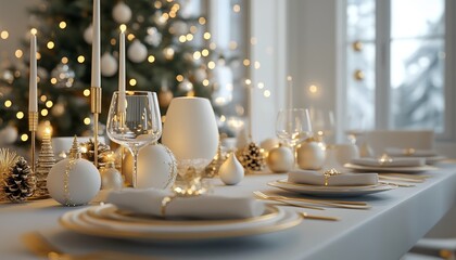 Christmas Festive Table Setting with Elegant Candles Ornaments