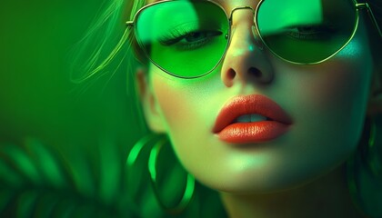 Fototapeta premium Sophisticated Woman in Green Sunglasses Posing with Confident Expression