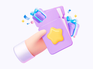 A 3D hand holding a ticket with flying gifts and confetti. Suitable for showcasing coupons, certificates, theater or cinema tickets, as well as for giveaways and sales. Vector illustration.
