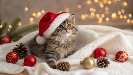 Fluffy tabby kitten wearing a Santa hat, lying on a cozy white blanket surrounded by Christmas ornaments and pinecones. A festive and heartwarming holiday scene.
