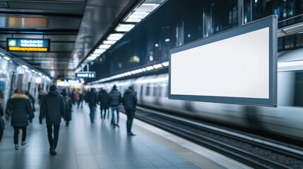A subway station scene with passengers and a blank display board.