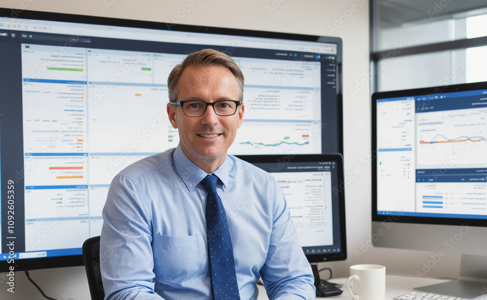 Poster Man wearing a blue shirt and a tie sits in front of a computer monitor. He is smiling and he is happy