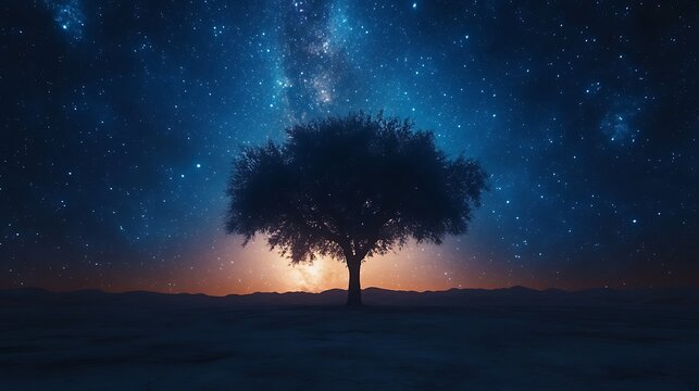 Lone tree against the galactic expanse of the milky way with stars shining in the desert