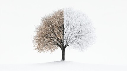 Fototapeta premium A solitary tree with one-half showing frosted, wintery branches and the other half bright and leafy, symbolizing seasonal duality on white