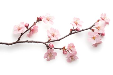 Pink Cherry Blossom Branch with Buds Isolated on White