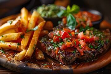 Delicious grilled steak with fresh salsa, accompanied by crispy fries.
