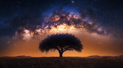 Tree silhouetted under the bright galactic core of the milky way in a vast desert nightscape