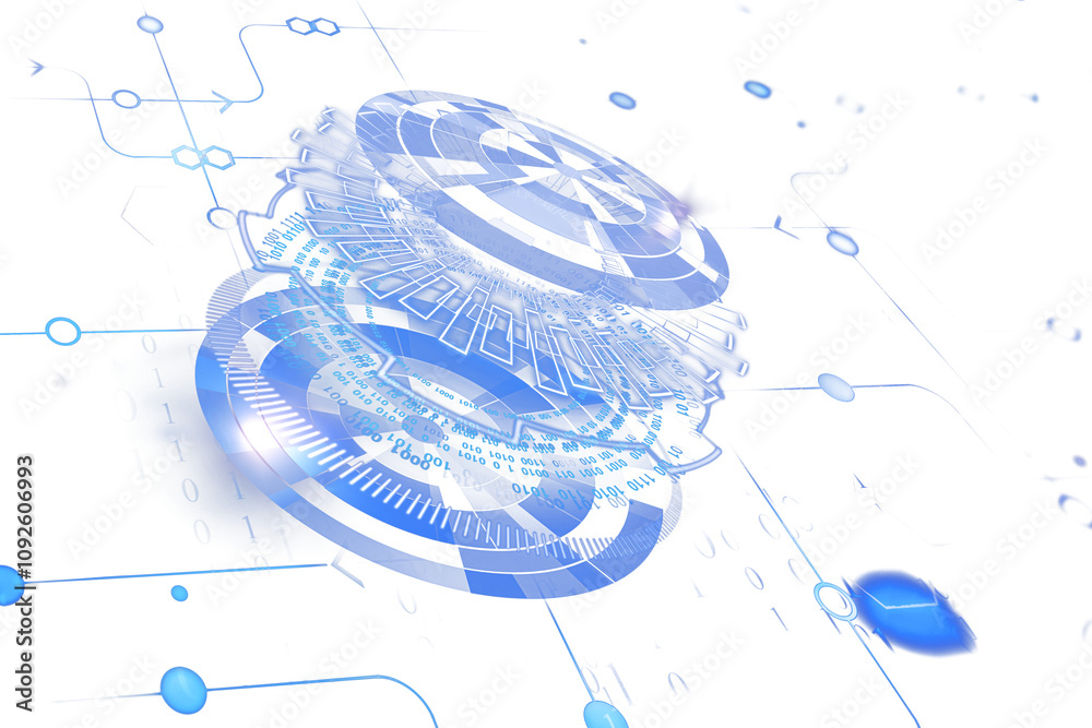 Fototapete Abstract circular tech interface with binary data, circuits, and blue transparent layers on a white background. Concept of futuristic technology