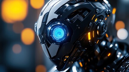 Fototapeta premium A close-up of a futuristic robot head with a glowing blue eye and intricate metallic details.
