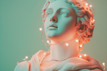 Classic statue with fairy lights wrapped around it, illuminated by teal and orange lights, creating a modern and artistic atmosphere.