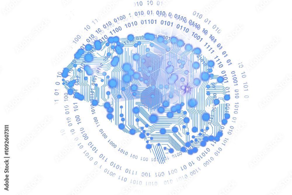 Poster Brain-shaped network with blue circuit patterns, binary code surrounding the shape, isolated on white. Concept of technology and connection