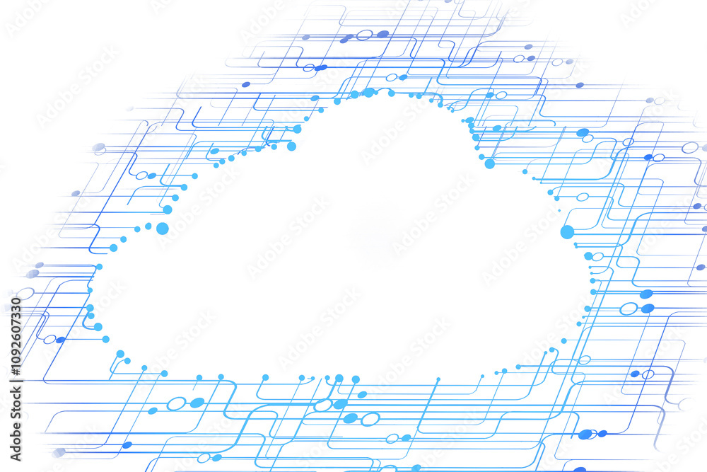 Poster digital cloud design with blue circuit lines and nodes forming a cloud shape, on a white background.