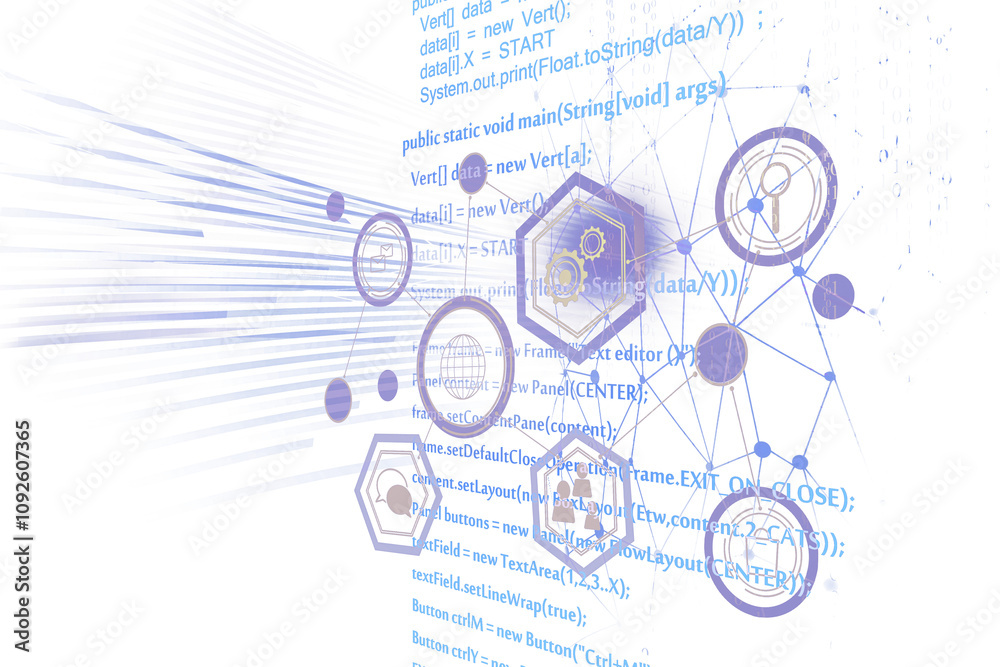 Poster Abstract hexagonal nodes interconnected with lines, overlayed with programming code fragments on a white background, symbolizing technology concepts