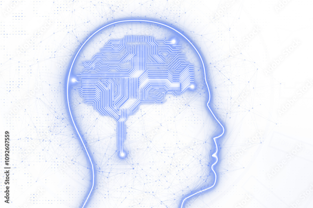Poster silhouette of a human head with a circuit-like brain design, surrounded by a network, on a white bac