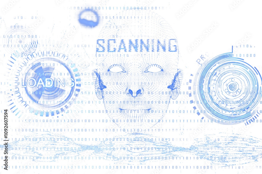 Poster Digital face scanning interface with binary code, circuit elements, and tech-inspired layout, shown on a white background. Concept of data analysis