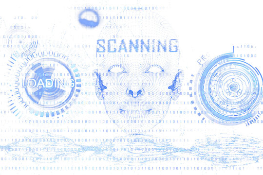 Digital face scanning interface with binary code, circuit elements, and tech-inspired layout, shown on a white background. Concept of data analysis