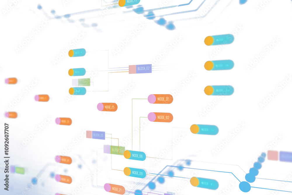 Fototapete Abstract nodes and connections in a digital data network system shown with colorful elements and text labels on a white background, concept of technology