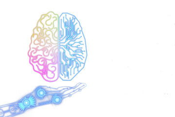 Vibrant brain split in biological and technological halves, held by a robotic hand. Minimalist white background. Concept of mind and technology