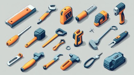 Obraz premium High-detail 3D vector cartoon icons of a set of tools: planer, saw, pliers, screwdriver, vise, drill, hammer, and adjustable wrench, bright design