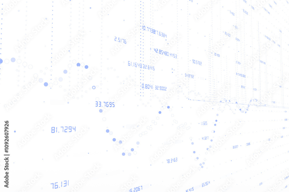 Poster Abstract design featuring numerical values and blue dots on white background, representing data visualization and tech analytics concept