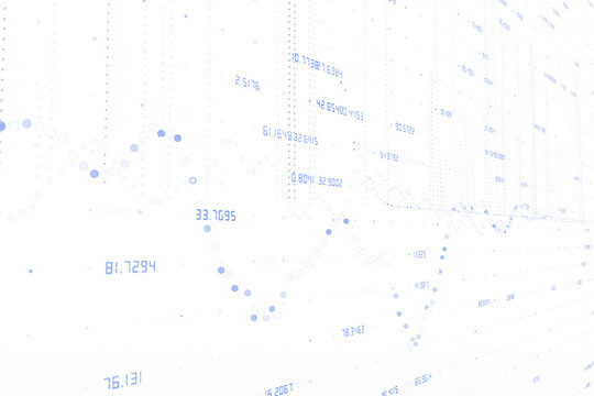Abstract design featuring numerical values and blue dots on white background, representing data visualization and tech analytics concept