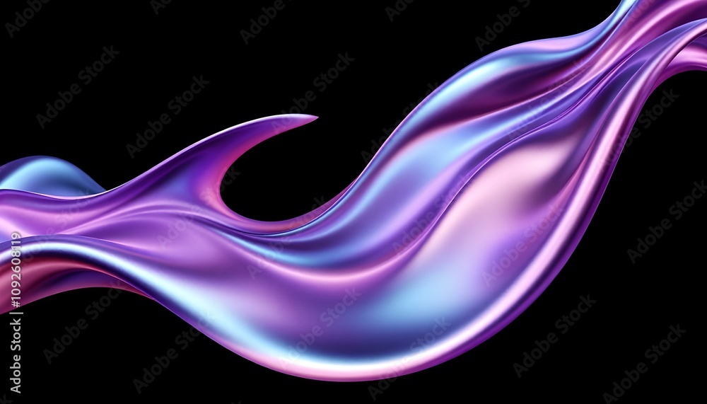 Poster Abstract fluid 3D render with a black background and holographic, iridescent neon curved wave in motion. Abstract fluid iridescent holographic curved wave in motion colorful gradient design