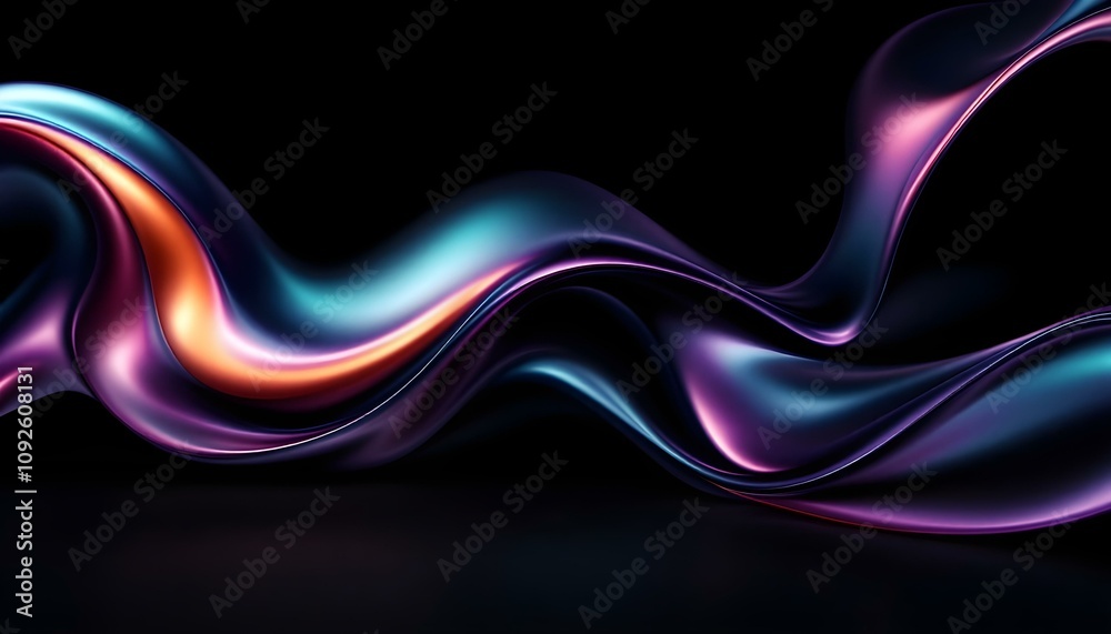 Leinwandbilder Abstract fluid 3D render with a black background and holographic, iridescent neon curved wave in motion. Abstract fluid iridescent holographic curved wave in motion colorful gradient design