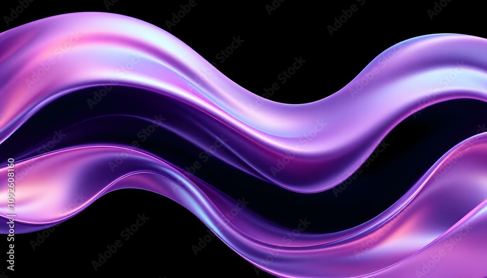 Leinwandbilder Abstract fluid 3D render with a black background and holographic, iridescent neon curved wave in motion. Abstract fluid iridescent holographic curved wave in motion colorful gradient design