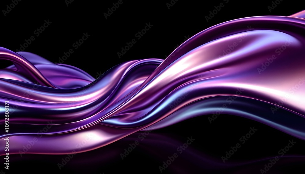 Leinwandbilder Abstract fluid 3D render with a black background and holographic, iridescent neon curved wave in motion. Abstract fluid iridescent holographic curved wave in motion colorful gradient design