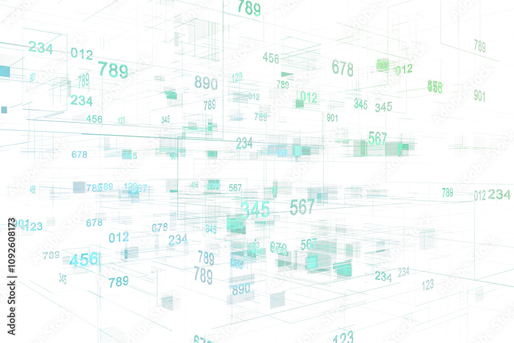 Fototapete Abstract data network with floating numbers and geometric patterns, light green on white background, representing technology and digital flow