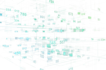 Abstract data network with floating numbers and geometric patterns, light green on white background, representing technology and digital flow