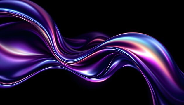 Abstract fluid 3D render with a black background and holographic, iridescent neon curved wave in motion. Abstract fluid iridescent holographic curved wave in motion colorful gradient design