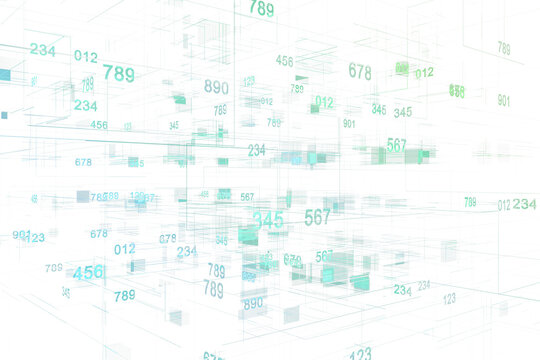 Abstract data network with floating numbers and geometric patterns, light green on white background, representing technology and digital flow