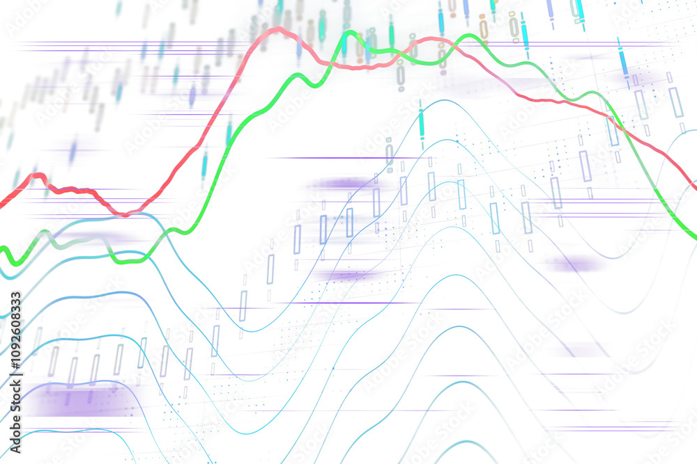 Aufkleber abstract financial charts with red and green trend lines and blue candlesticks on a white background