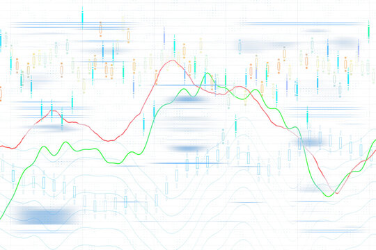 Stock market candlestick chart with red and green trend lines, grid overlay, white background. Financial data visualization for trading analysis