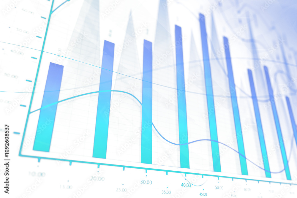 Poster abstract business chart showing blue bar and line graphs, light transparent background, emphasizing 