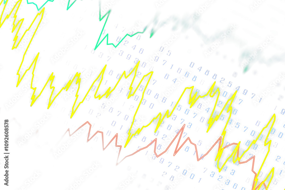 Poster Abstract financial chart with colored lines and numerical codes on white background, symbolizing stock market trends and analysis