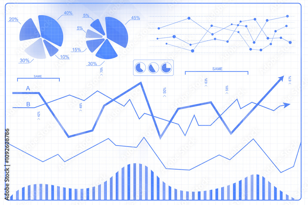 Poster business financial charts featuring pie charts, line graphs, and bar graphs in blue style on a trans
