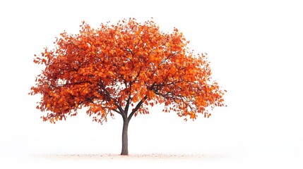 Fototapeta premium Single Tree with Vibrant Orange Autumn Leaves Against a White Background