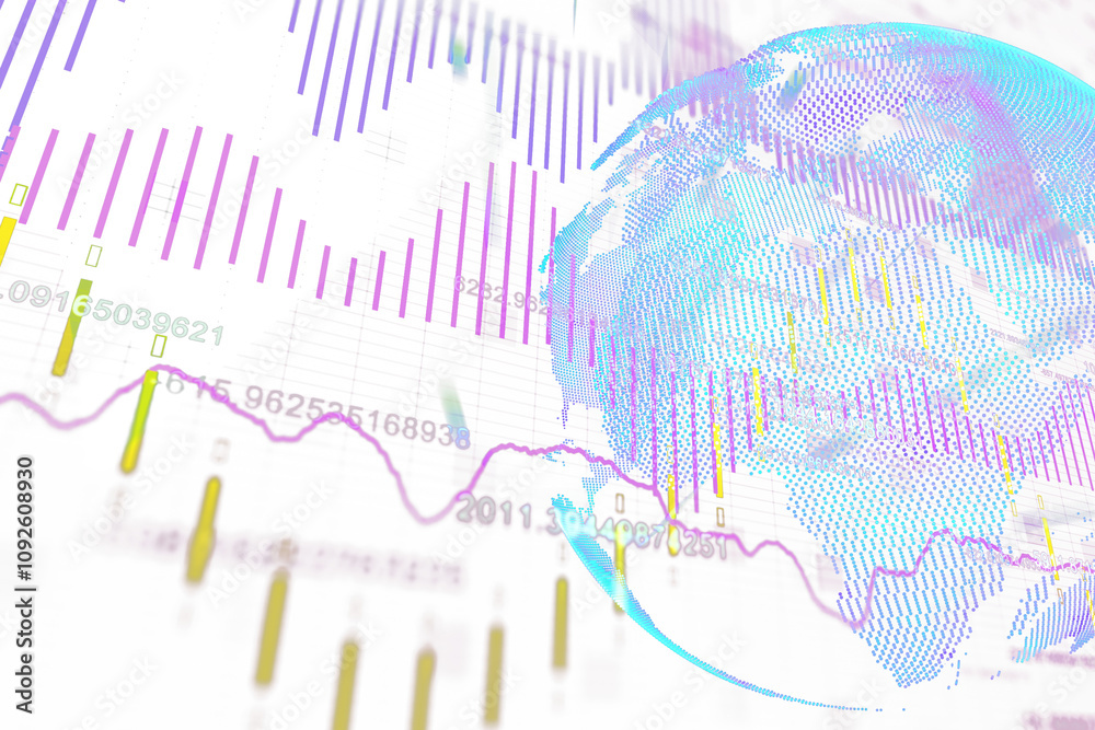 Aufkleber Abstract financial charts, graphs, and data points overlayed with a digital globe on a white background, representing global stock market analysis