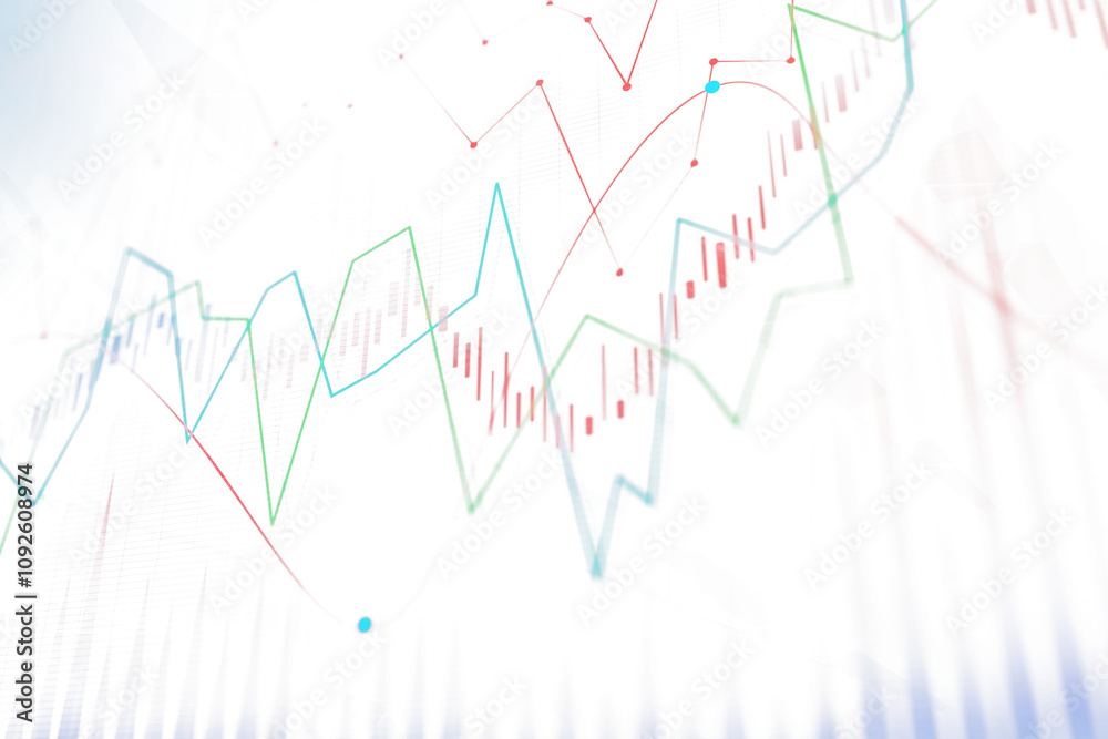 Poster abstract stock market graphs with colorful lines, dots, and candlestick charts. minimalistic style o