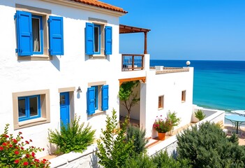 Fototapeta premium A scenic wallpaper of a coastal villa in Çeşme, showcasing whitewashed walls, blue shutters, and a view of the turquoise Aegean Sea, embodying the relaxed atmosphere of summer by the coast.