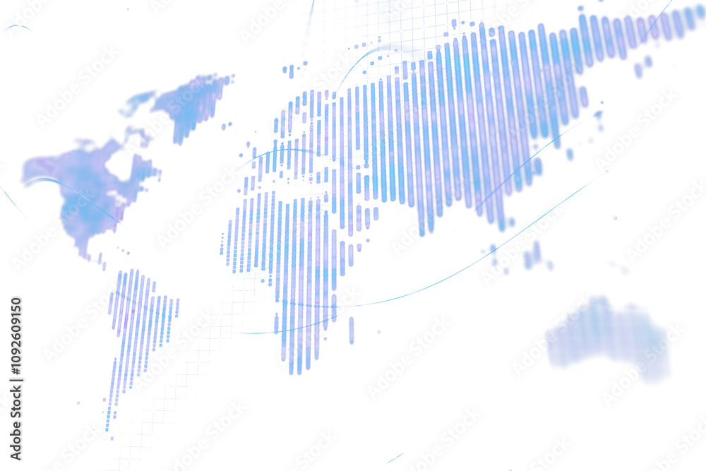 Poster abstract world map design with vertical gradient bars in soft blue and purple tones, placed on a whi